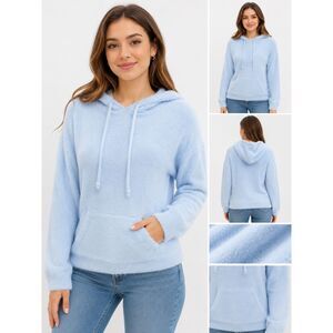 Hippie Rose Women’s Eyelash Hoodie Sweater Pullover NWT Small Blue Soft Knit